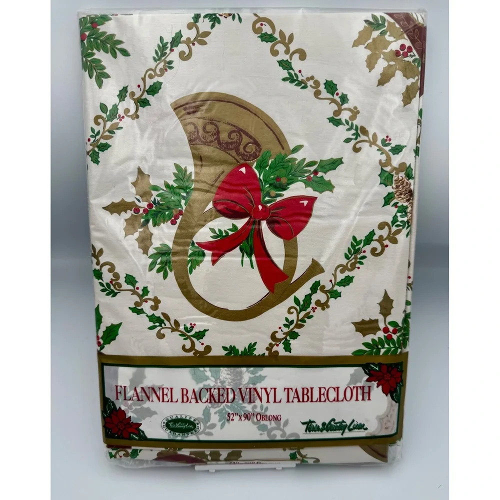 VTG Town & Country Christmas Vinyl Tablecloth 52x90 Oblong Horn Holly Bow NOS
